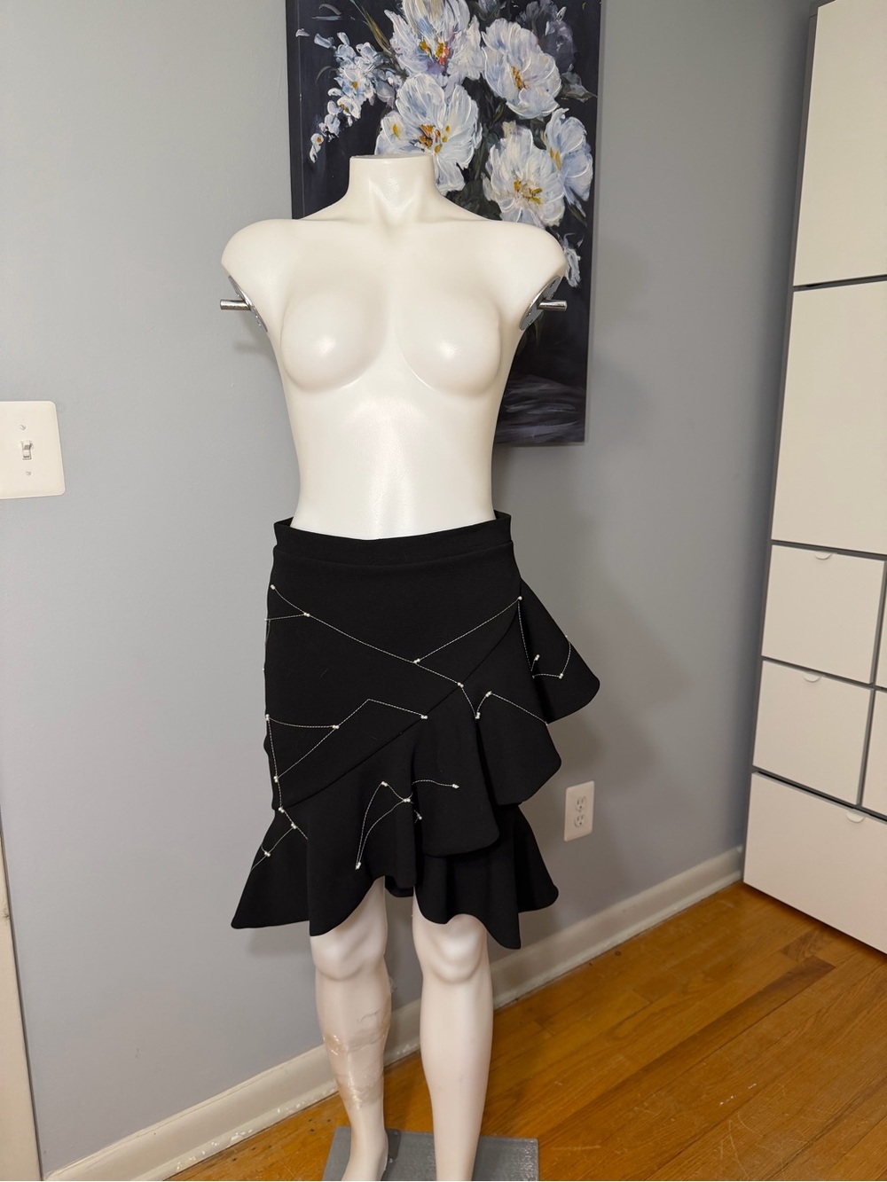 Asymmetrical Black Ruffle Skirt with Decorative Stitching Carolina Estefan